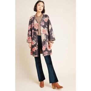 Solitaire gray floral faux suede kimono jacket